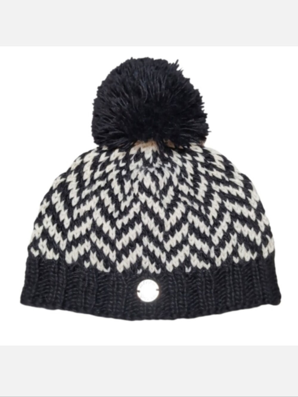 Pleau Wool Blend Knit Beanie Black White Chevron Pom Pom Winter Toque Hat